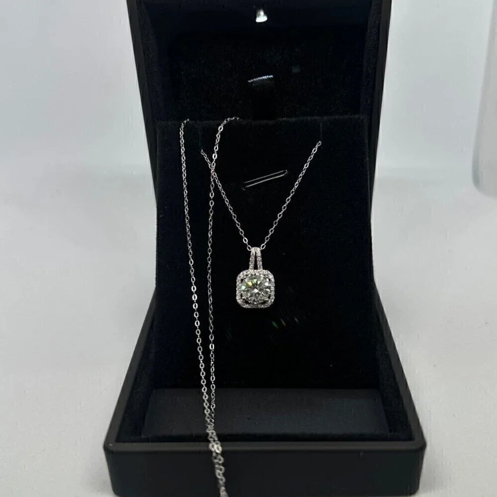 GRA Moissanite Diamond Necklace 2 Ct Pendant Chain Fine Jewelry Halo - Picture 9 of 12